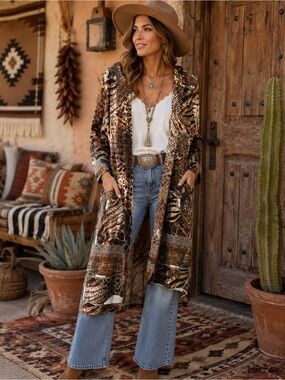 NWOT Gee Loretta Ella Hooded Animal Print Open Front Duster Cardigan Large